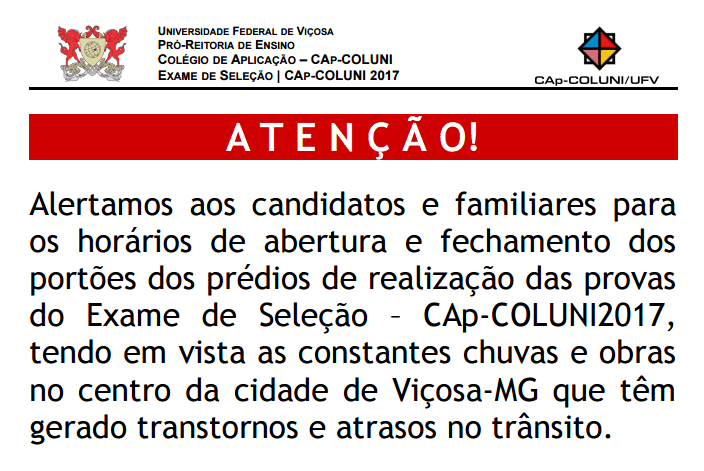 Alerta em relação ao horário da prova do Coluni 2017