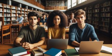 Estudantes em biblioteca (Imagem gerada por IA)