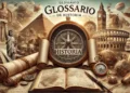 Glossário de história com pergaminhos e mapas antigos