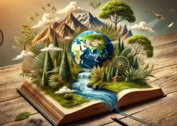 Paisagem natural em glossário de geografia com livro aberto.
