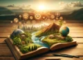 Paisagem natural com um livro aberto em uma superfície de madeira