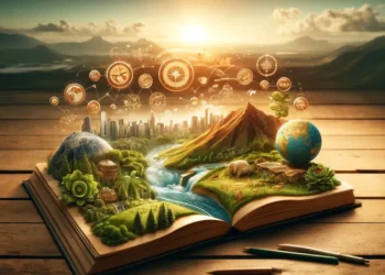 Paisagem natural com um livro aberto em uma superfície de madeira