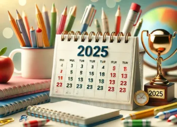 Calendário aberto de 2025 com datas mensais próximo à escola