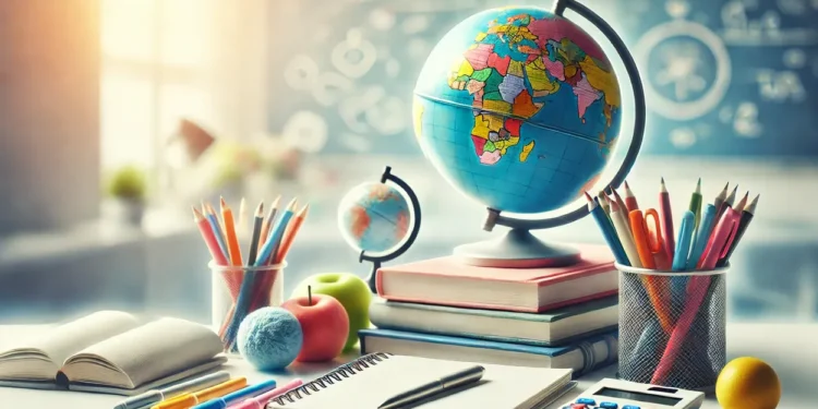 Livros abertos, globo e canetas coloridas sobre mesa