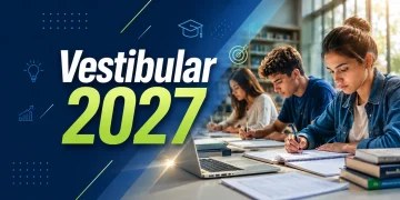 Estudantes estudando e se preparando para o vestibular 2027 em ambiente de aprendizagem
