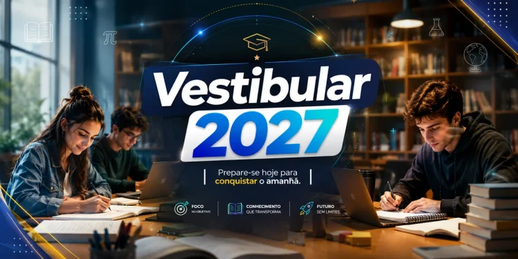 Grupo de jovens estudando juntos para o vestibular 2027 em ambiente de aprendizagem